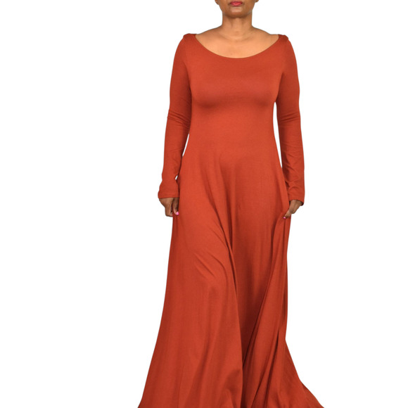 Soft Surroundings Maxi Dress Orange Clay Jersey Long Stretch Boatneck Medium - Picture 1 of 14